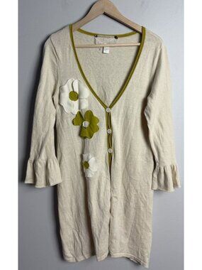 Nick & Mo Floral Applique Cardigan Olive Trim Bell Sleeve Cream Size Large Wm’s